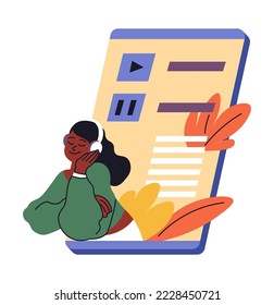 Online streaming service for listening music online from smartphone. Isolated woman in headphones near phone enjoying songs and compositions in web. Entertaining gadget. Vector in flat style