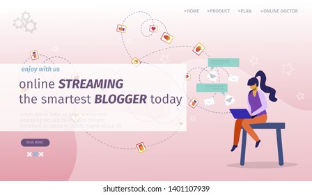 Online Streaming the Smartest Blogging Today Horizontal Banner. Young Woman Broadcasting Own Blog and Posting Content in Social Media Network. Blogging and Vlogging. Cartoon Flat Vector Illustration