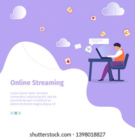 Online Streaming Square Banner. Young Male Character Blogger Lead Video Blog Channel in Internet, Social Media Marketing. Sharing Creative Idea via Smart Technologies. Cartoon Flat Vector Illustration