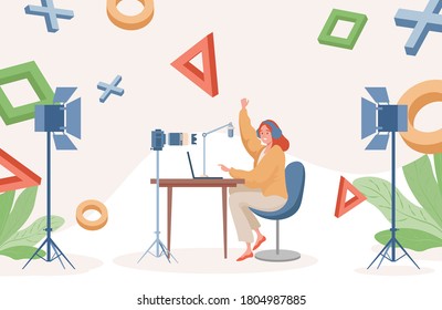 Online streaming vector flat illustration. Young woman playing video games on laptop and making a video recordings. Podcast about video games, social media, vlogger concept.