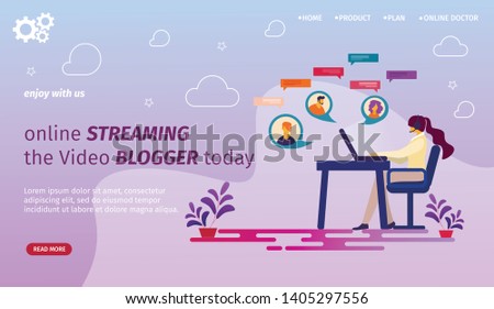 Online Streaming the Video Blogging Today Horizontal Banner. Young Woman Blogger Communicating at Laptop with Followers in Internet. Blog, Social Media, Blogging. Cartoon Flat Vector Illustration