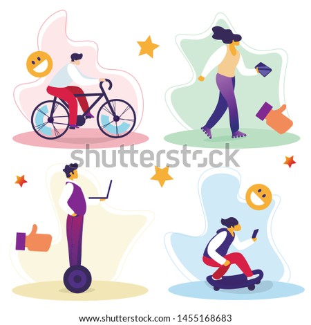 Online Streaming Vlogging and Blogging Set. People Recording own Sport Activity on Phone, Young Bloggers Broadcasting Blog and Posting Content in Social Media Network. Cartoon Flat Vector Illustration