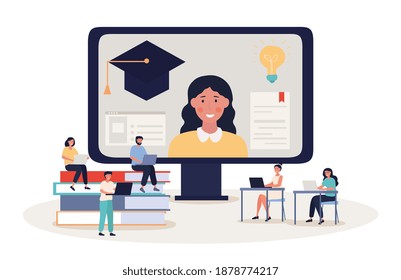 Online student webinar or e-learning concept with diverse group of scholars using digital devices in front of a computer screen with lecturer, colored vector illustration