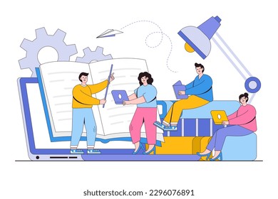 Online students concept with teacher teaching young people how to learn from books and internet. Outline design minimal vector illustration for landing page, web banner, infographics, hero images.