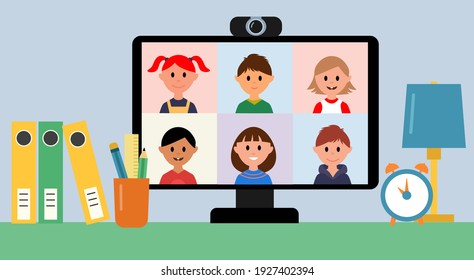 Online students lesson. Coronavirus quarantine distance education concept. Stay at home vector illustration. Studying pupils. 