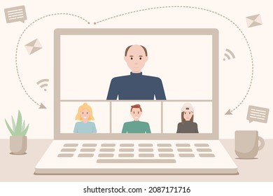 Online students lesson, learning and meeting in distant. Home school, teacher teaching students on computer laptop screen. Video Conference, remote working. Flat vector illustration.