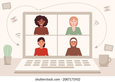 Online students lesson, learning and meeting in distant. Home school, teacher teaching students on computer laptop screen. Video Conference, remote working. Flat vector illustration.