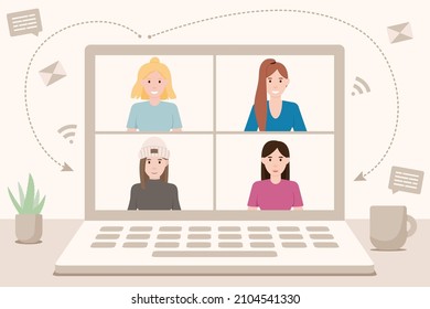 Online students lesson, learning and meeting in distant. Home school, teacher teaching students on computer laptop screen. Video Conference, remote working. Flat vector illustration.