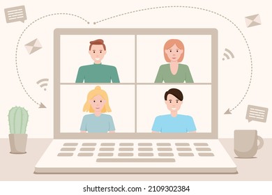 Online students lesson, learning and meeting in distant. Home school, teacher teaching students on computer laptop screen. Video Conference, remote working. Flat vector illustration.