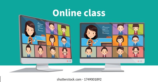 Online students lesson or meeting. Coronavirus quarantine distance education concept. Stay at home vector illustration. Studying pupils or students. Laptop screenshot.