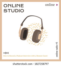 Online studio banner template with headphones. Modern vector design in square. Minimalistic flat concept.