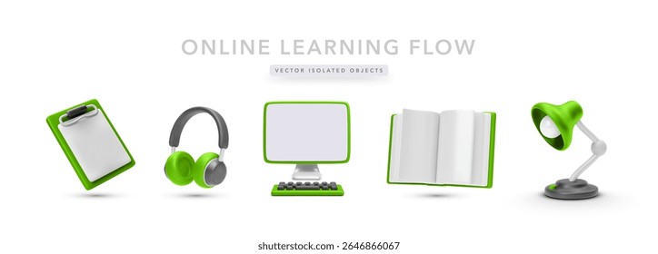 Online Study 3D Icons Featuring Clipboard, Headphones, Desktop Monitor, Open Book, And Table Lamp. Perfect For E-Learning Platforms And Digital Education. Vector Illustration.