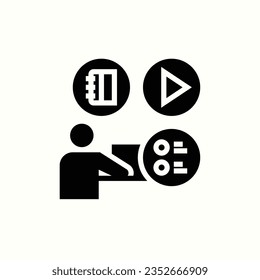 estudio en línea, libro, video, prueba, icono negro, icono aislado en fondo claro, perfecto para sitio web, blog, logotipo, diseño gráfico, medios sociales, interfaz de usuario, aplicación móvil