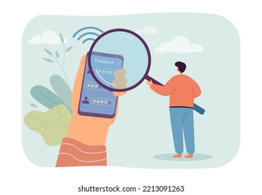 Online study of feedbacks by tiny customer with magnifying glass. Hand of person holding phone with rating stars flat vector illustration. Review concept for banner, website design or landing web page