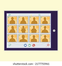 Online study groups. Various characters and orange background. The concept of distance education tutors and e-learning teaches students from different countries.