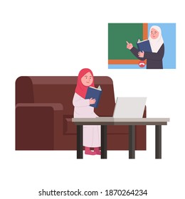 Online Study in Home, Arabian Teacher on Video Call Explaining Lesson to Student Illustration