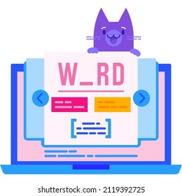 Online study icon. Learn with assistant vector. Cute kitten robot virtual assistant help training language skills on laptop computer