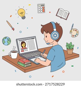 Online Study Illustration Of a Boy On White Isolated Background