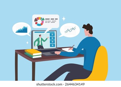 Online study learning course or internet education webinar, remote e-learning, teaching online or exam, test, knowledge wisdom concept, young man study online course on computer laptop at home.