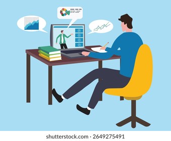 Online study learning course or internet education webinar, remote e-learning, teaching online or exam, test, knowledge wisdom concept, young man study online course on computer laptop at home