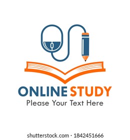 Online study logo template illustration. there are book, pencil with mouse 