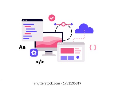 Online study, self development. Website building flat vector illustration. Upload data or photos to the cloud. Sharing information. Minimal editable web icons. Online business products and services.