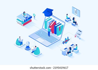 Online studying 3d isometric web design. People read books and study textbooks, improve skills and knowledge, study at university or take courses, graduate online schools. Vector web illustration