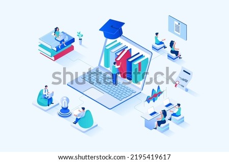 Online studying 3d isometric web design. People read books and study textbooks, improve skills and knowledge, study at university or take courses, graduate online schools. Vector web illustration