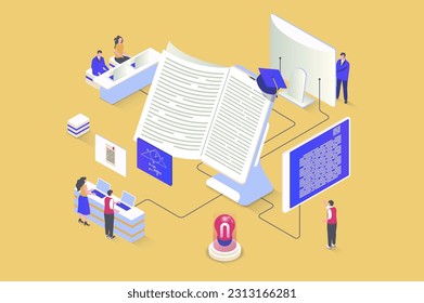 Online studying concept in 3d isometric design. Students read books, study literature and science, make homework for lessons at home. Vector illustration with isometry people scene for web graphic