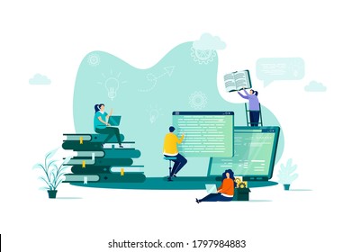 Online studying concept in flat style. Students learning online scene. Distance education, professional seminars and courses web banner. Vector illustration with people characters in work situation.