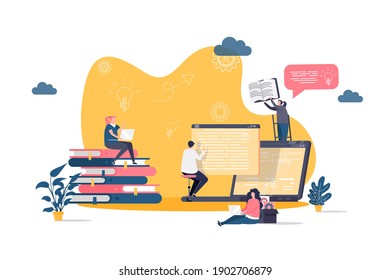 Online Studying Concept In Flat Style. Students Learning Online Scene. Distance Education, Professional Seminars And Courses Web Banner. Vector Illustration With People Characters In Work Situation.