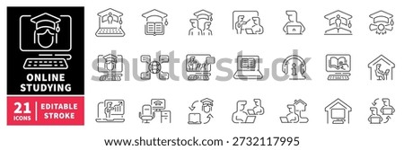 Online studying editable line icons set, e-learning, education symbols