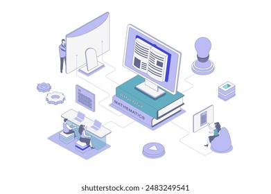 Estudio en línea del concepto isométrico en el diseño de la isometría de contorno para el Web. Personas leyendo libros digitales en la computadora, aprendiendo con libros electrónicos y libros de texto, haciendo tareas a distancia. Ilustración vectorial.