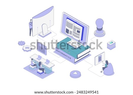 Online studying isometric concept in outline isometry design for web. People reading digital books at computer, learning with ebooks and textbooks, doing homework distantly. Vector illustration.