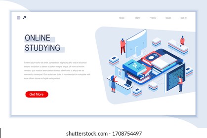 Online studying isometric landing page. Distance learning, modern online education, professional seminars and courses. Digital technology and devices. Busy people in work situation 3d vector isometry.