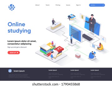 Online studying isometric landing page. Distance learning, online education, professional seminars and courses isometry web page. Website flat template, vector illustration with people characters.