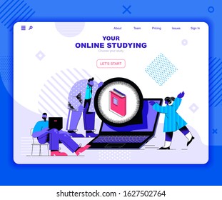Online studying landing page vector template. Modern university course website header UI layout with flat illustration. Teaching lectures and lessons web banner flat concept
