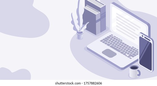 Online studying or working at home concept banner. Vector isometric illustration design for banner, mobile app
