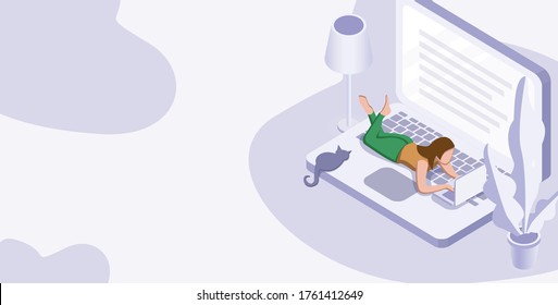 Online studying or working at home concept banner. Vector isometric illustration design for banner, mobile app