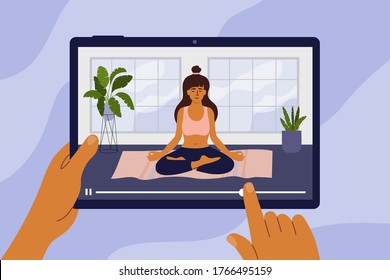 Online studying yoga class. Young woman meditating in lotus pose. Hands holding digital tablet with girl doing relaxation exercises. Workout, activity at home. Healthy lifestyle vector illustration.