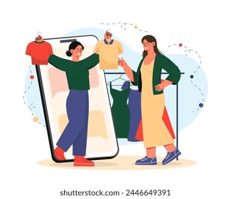 Online stylist with clothes. Woman with tshirts at hanger near young girl. Fashion, trend and style. Advices to apparel choosing. Cartoon flat vector illustration isolated on white background