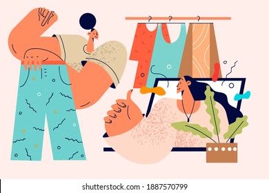 Online stylist and fashion consultation concept. Young woman personal stylist cartoon character consulting client online and demonstrating clothes to laptop screen choosing best clothes for wardrobe