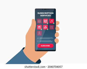 Online Subscription Services On Smartphone Screen. Subscribe To Access Entertainment Media, Education, Treatment And Food Supply Content. Cinema, Music, Medicine, Book, Meal, Grocery App Vector Icons