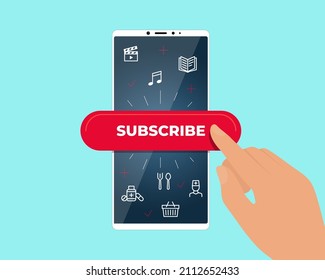 Online-Abonnementdienste auf Smartphone-Bildschirm. Fingerpress-Abonnement-Taste für den Zugang zu Unterhaltungsmedien, Bildung, Behandlung und Nahrung Inhalte. Mobile app-Werbebanner-Illustration