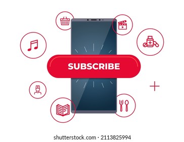 Online Subscription Services On Smartphone Screen. Finger Press Subscribe Button To Access Entertainment Media, Education, Treatment And Food Supply Content. Mobile App Advertising Vector Eps Banner