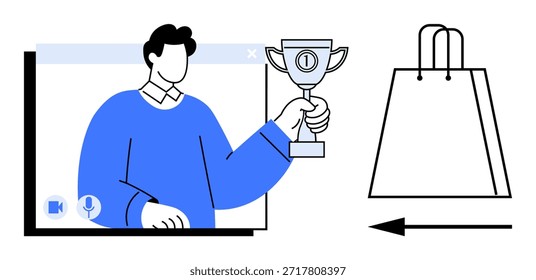 Sucesso online, prêmios virtuais, e-commerce, compras online, reconhecimento digital, crescimento no varejo. Homem segurando um troféu na tela e um saco de compras ao lado dele. Sucesso online e conceito de comércio eletrônico