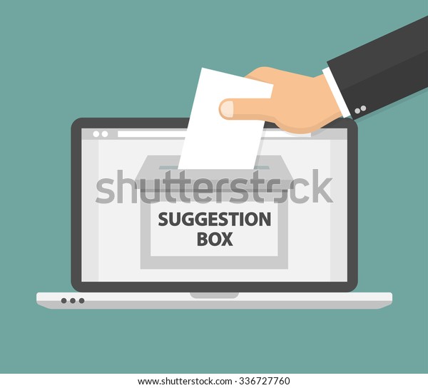 Online suggestion concept. Hand putting blank\
paper in the suggestion box. Flat\
style
