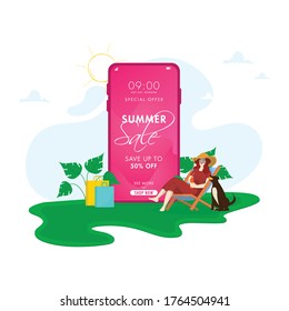 Online Summer Sale App in Smartphone with 50% Discount Offer, Cartoon Dog, Young Girl Drinking Soft Drink on Folding Chair.