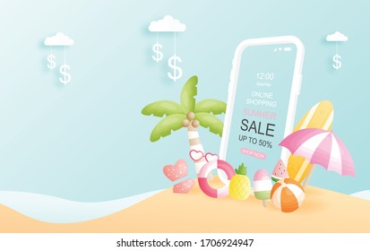 Online summer sale background design with beach and umbrella, coconut tree. paper cut style. Vector illustration. 