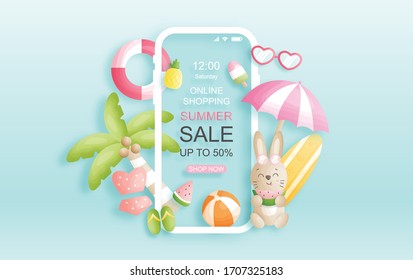 Online summer sale background design with cute bunny and coconut trees, watermelon. paper cut style. Vector illustration. 
